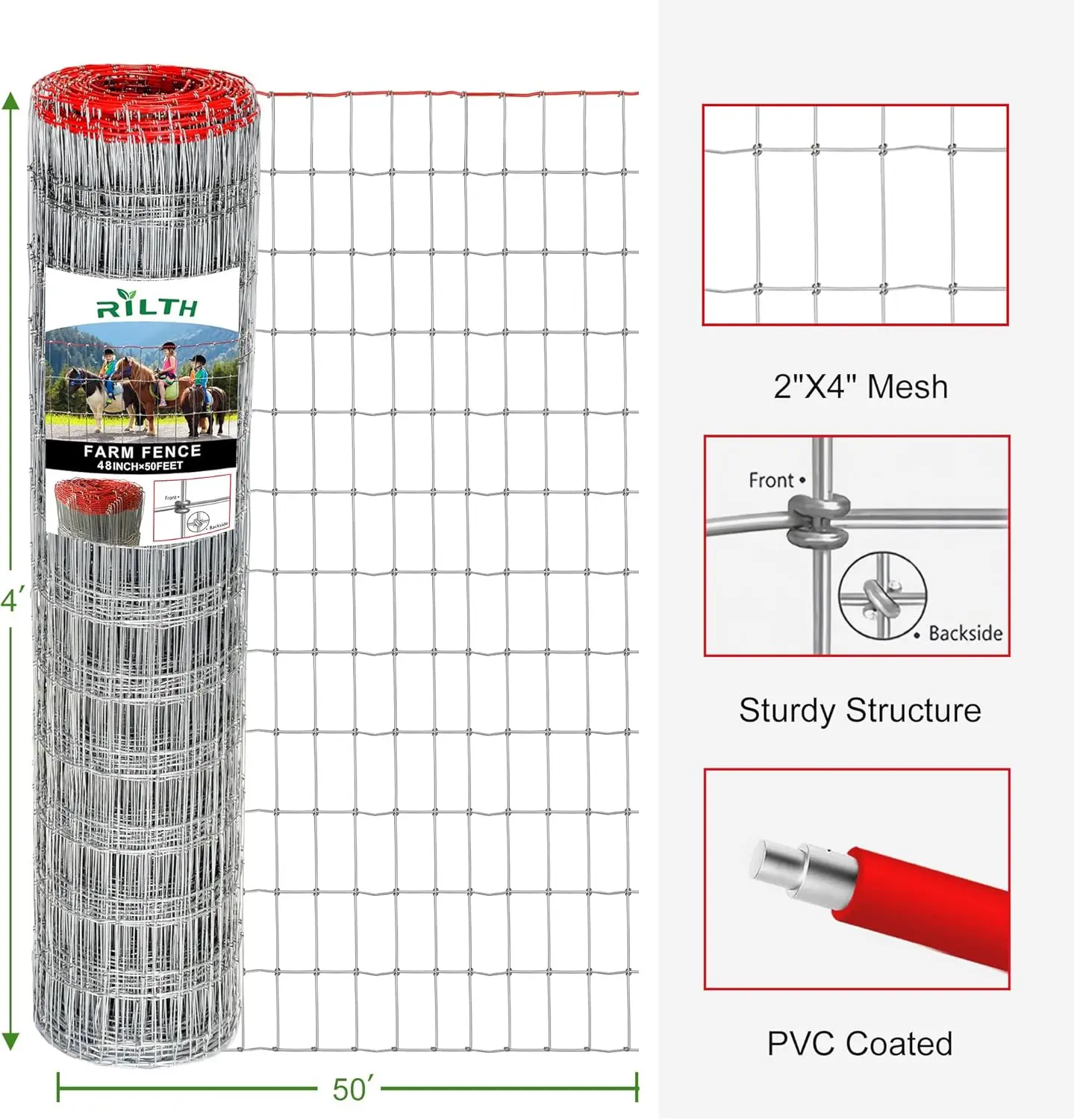 سياج حصان عالي التحمل مقاس 4 × 50 قدم، شبكة مقاس 2 × 4 بوصة، سلك مقاوم للصدأ للماشية والحديقة