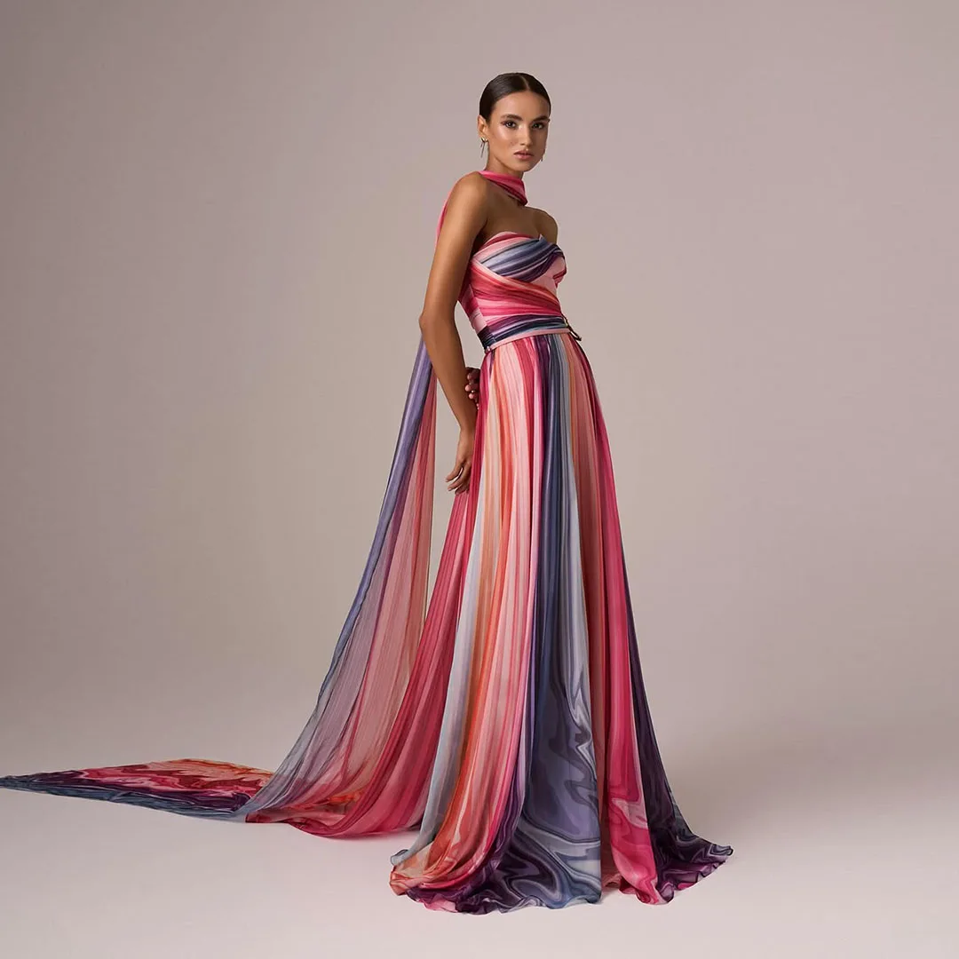 

Summer Colorful Stripes Maxi Dress Trendy Rainbow Long Tulle Evening Dresses Prom Party Dress Floor Length 2025 Lady Dress Vesti