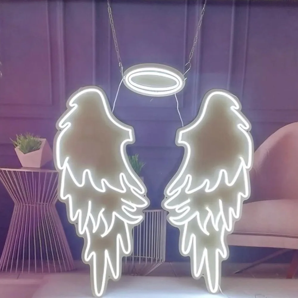 Angel Wings with Halo LED Neon Sign Art Wall Decor Lovely Night Light Customizable for Christmas Birthday Party Wedding