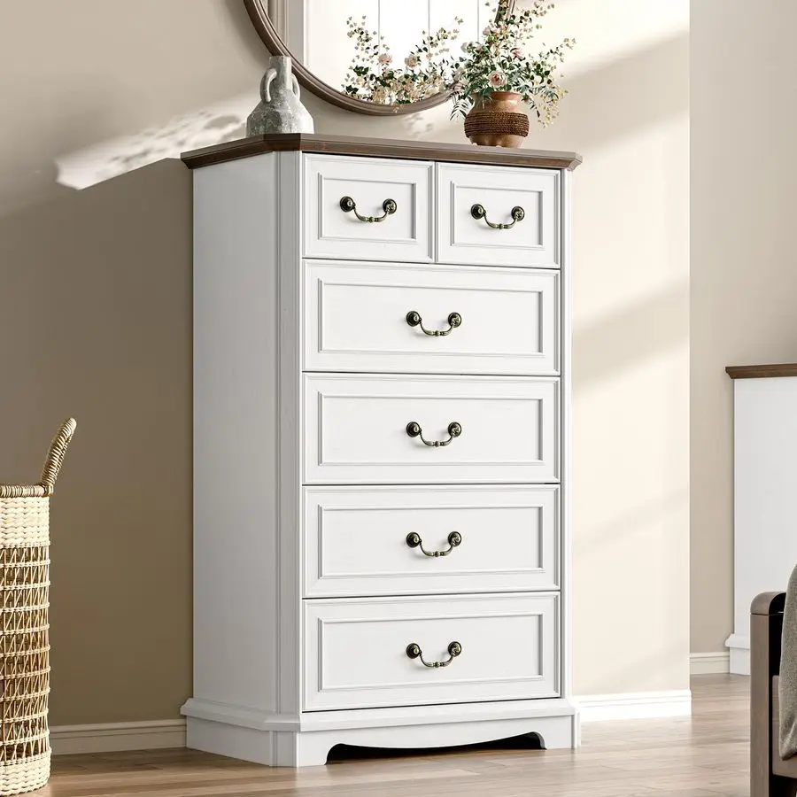 Commode à 6 tiroirs pour chambre à coucher, grande commode rustique avec poignée en métal, armoire tour de rangement vintage en bois, placard en bois