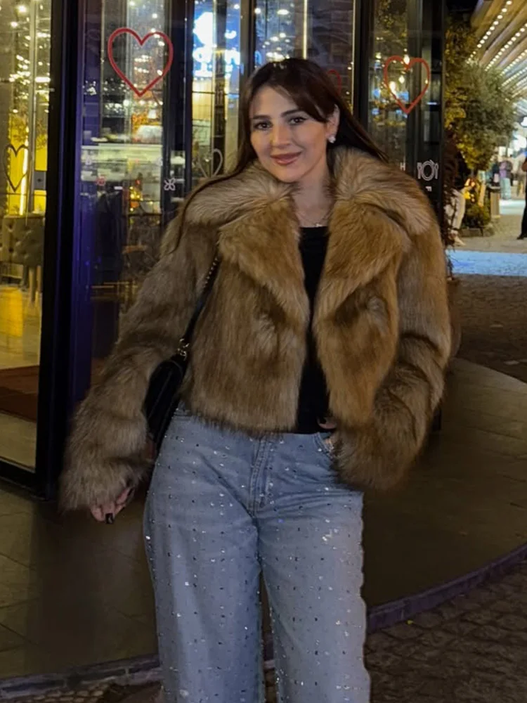 

HH Women Winter Solid Plush Faux Fur Effect Coat Warm Casual Lapel Retro Long Sleeved Short Coat Women's Fashion Short Coat