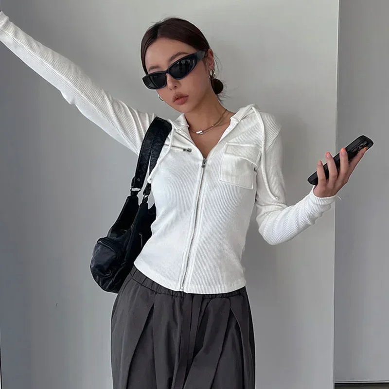 

Autumn Casual White Hoodies Sweatshirts Korean Simple Style Long Sleeve Zip Up Slim Fit Outerwear Women Spring Streetwear Y2k