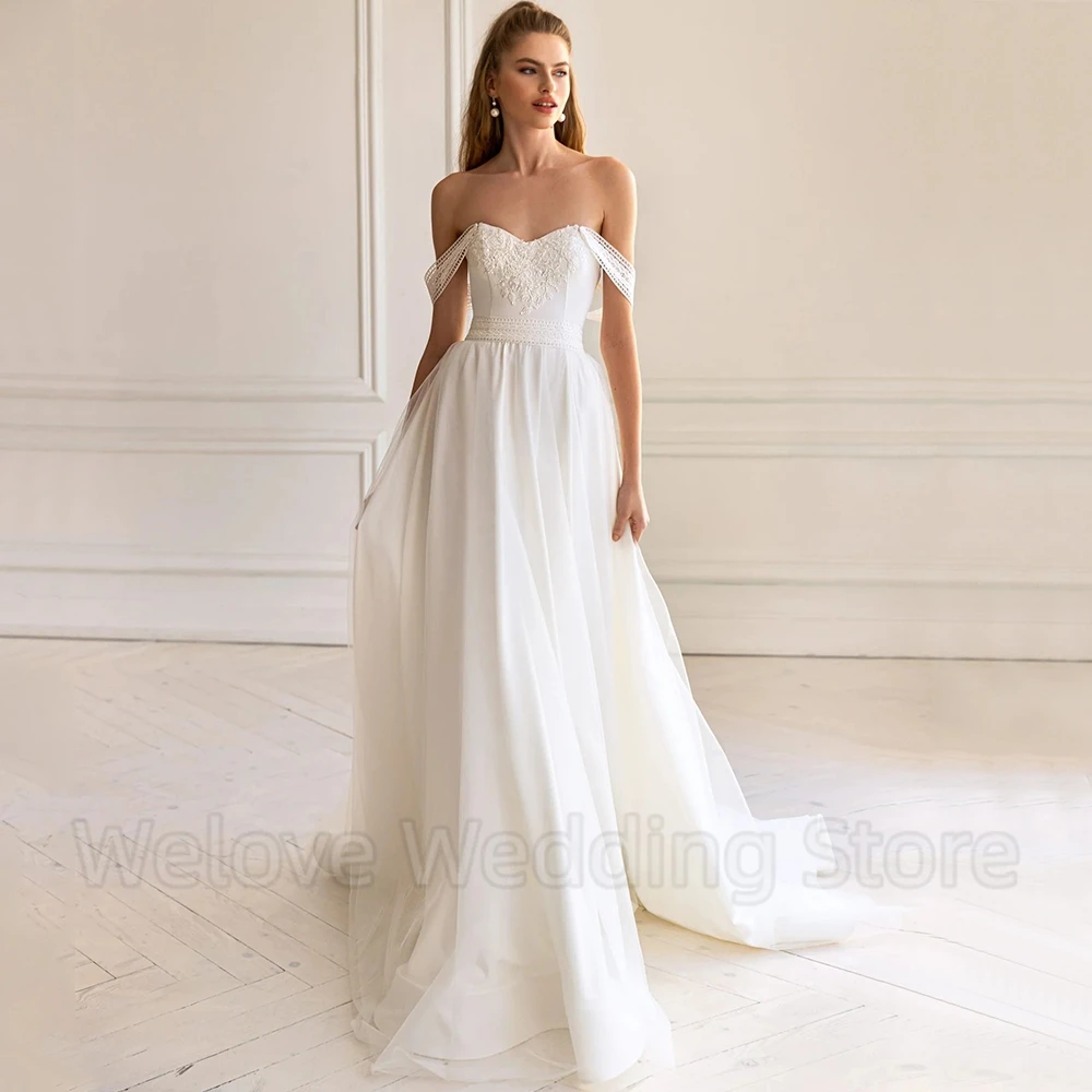 Welove Spitze von der Schulter Brautkleid V-Ausschnitt kurze Ärmel Braut A-Linie Applikation offener Rücken Schnür Satin und Tüll Kleider