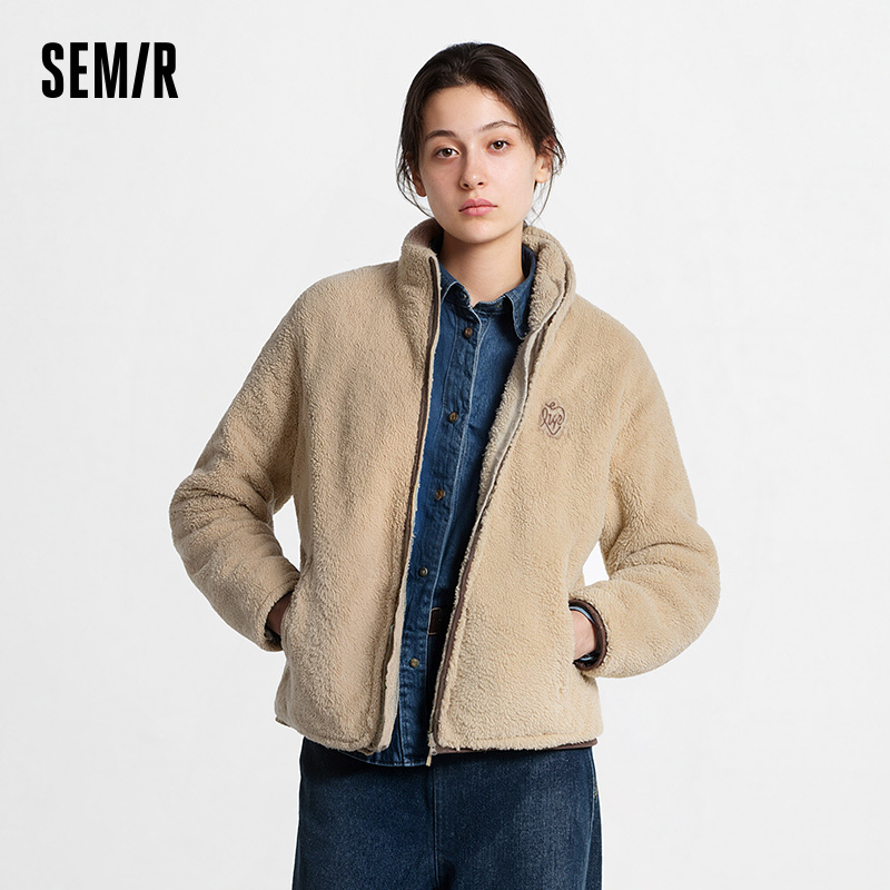  Semir Jacket Women Raglan Sleeve Coral Fleece Faux Lamb Wool 2024 Winter New Stand Collar Loose Gentle Style Women's Clothing 