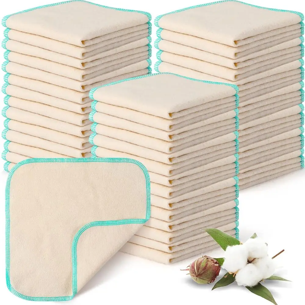 

45 Pack Reusable Natural Cotton Baby Wipes, 8x8 Inches, Soft and Durable, Blue Stitching