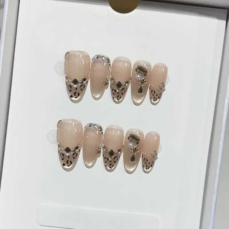 10pcs Chic Short French Ballet Nails Press on Almond False Nails with Glue Simple Leopard Print Handemade Full Cover Nails Tip