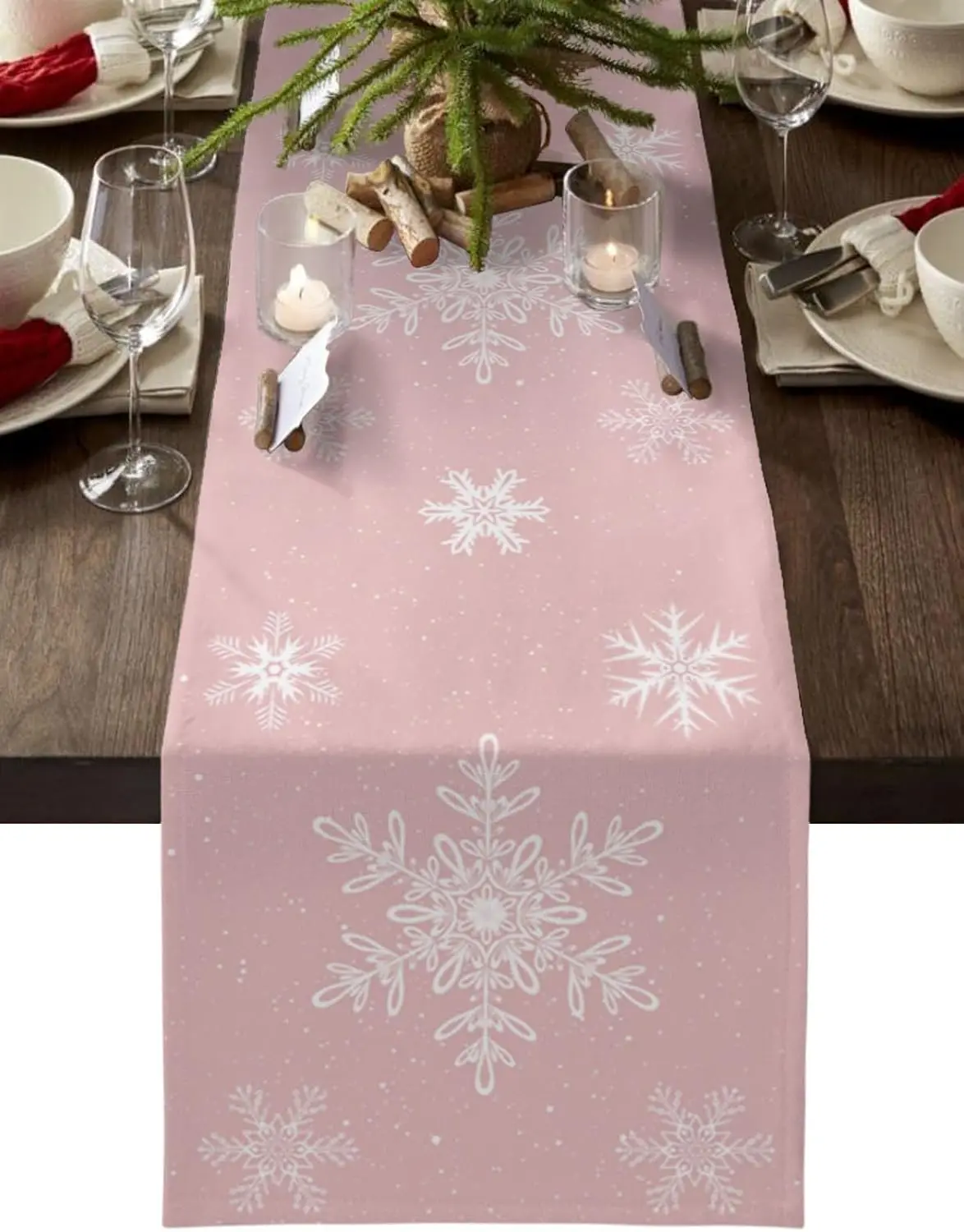 เกล็ดหิมะคริสต์มาสผ้าลินินตาราง Runner ตกแต่งงานแต่งงานฤดูหนาว Xmas สีชมพูตารางนักวิ่ง Dresser ผ้าพันคอตกแต่งคริสต์มาส