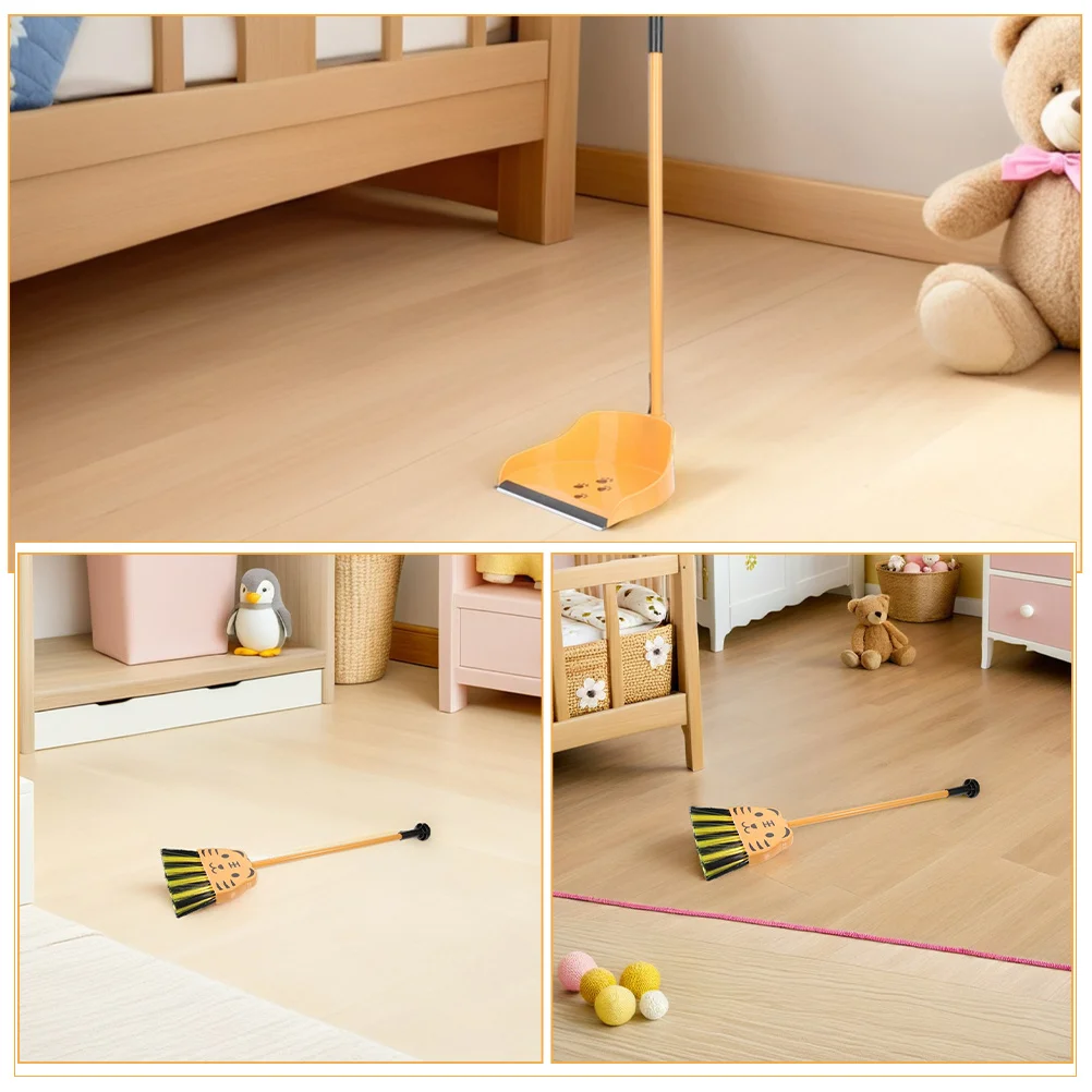 2Pcs Kids Cleaning Set Mini Broom Dustpan Tiger Pattern Pretend Play Household Role Play for Toddlers Preschool Boys Girls