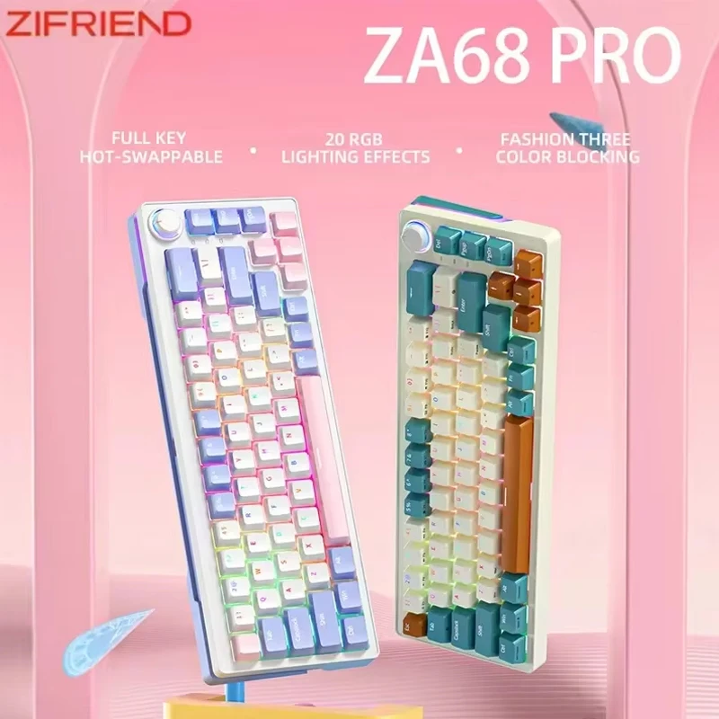 ZIFRIEND-Clavier mécanique de jeu, ZA68 Pro 68 prédire, 3 modes, PBT, RVB, sans fil, Bluetooth, 2.4GHz, échangeable à chaud, 65%, 60%