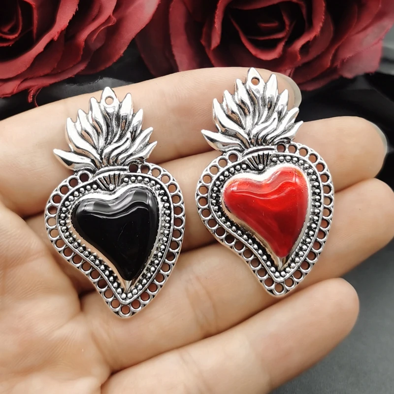 4pcs Large Enamel Milagro Ex Voto Heart Charms,Sacred Heart, Religious,DIY Charms Christian Necklace Earring Jewelry Accessories