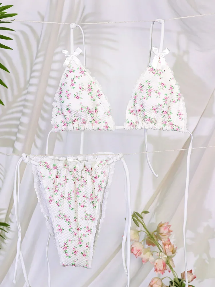 

Sexy Bikinis Triangle Swimsuits Low Waist Swimwear Women Patchwork Beachwear Floral Print Bathing Suit Ruffle Biquini Black