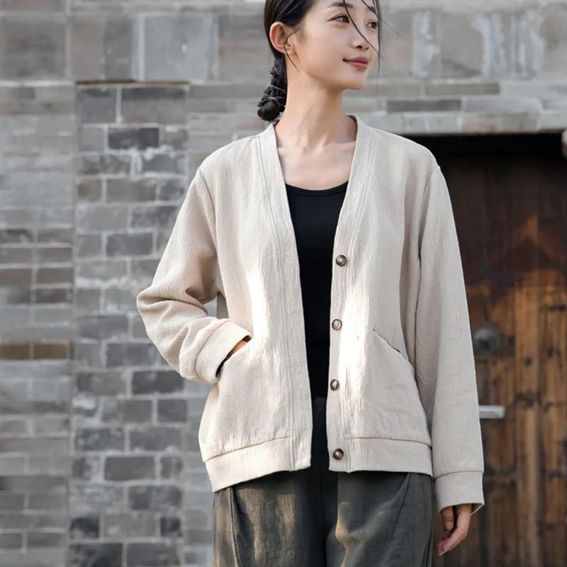 Gentle Literary Cotton Linen Solid Color Short Coat Women's Autumn Button Long Sleeve Cardigan Kimono Solid Color Trench Coat