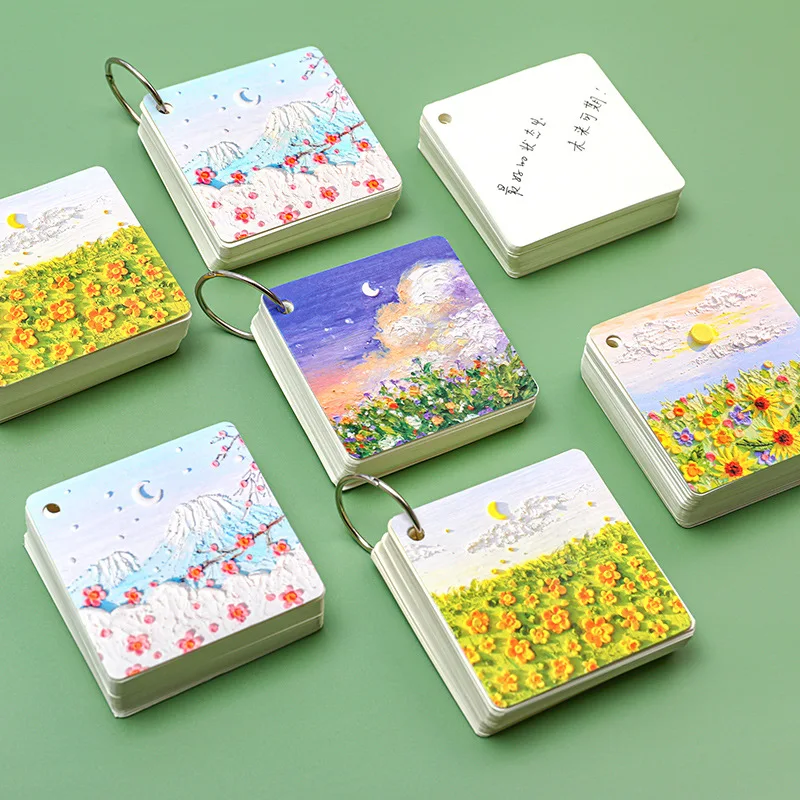 80 Sheets Paper Mini Oil Painting Landscape Ring Notebook Blank Loose-leaf English Vocabulary Pocket Memo Notepad