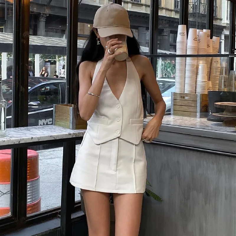 2024 Summer New Matching Sets Strap Suit Fake Pockets Vest Fashion A-line Skirt Suit Female Women\'s Clothing Dress Sets юбка