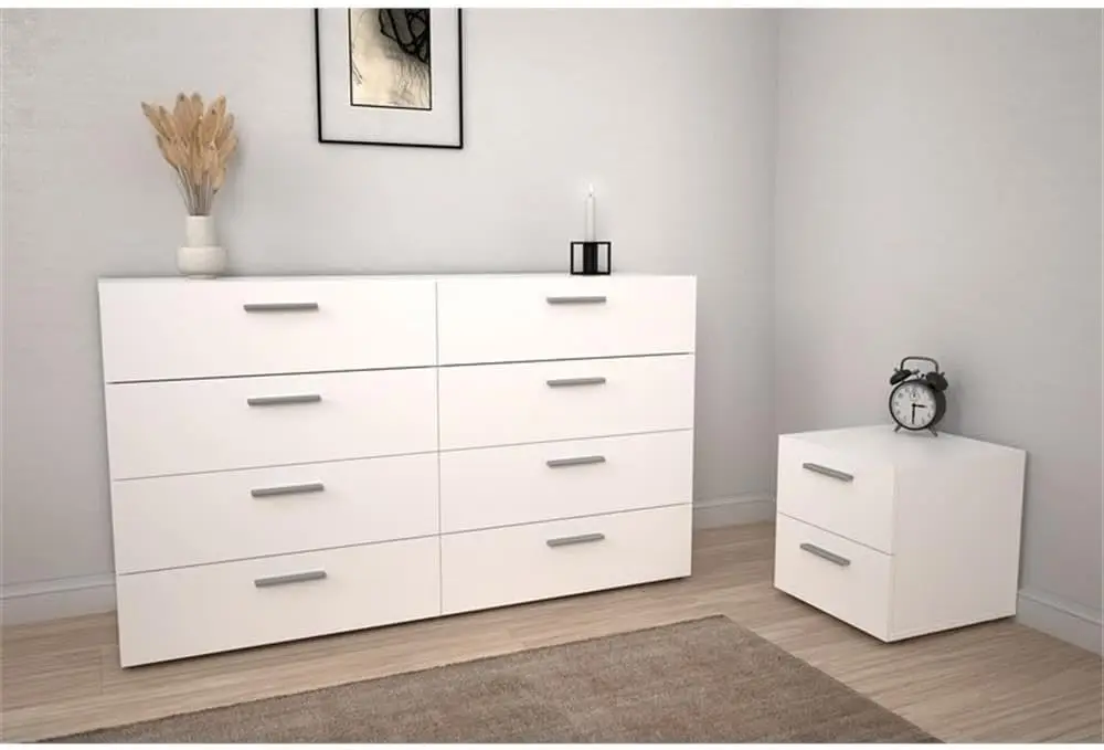 Scandinavian Look 3 Piece Bedroom Set 8 Drawer Double Dresser and Two Nightstand in White