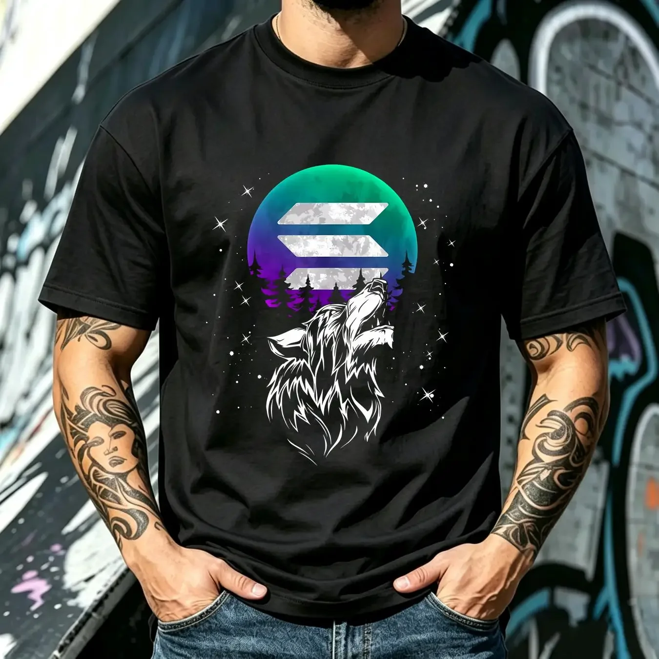 washed T Shirt Solana Crypto Token Howling Wolf Full Moon Blockchain S 4XL vintage Washed Soft Comfortable Versatile Breathable