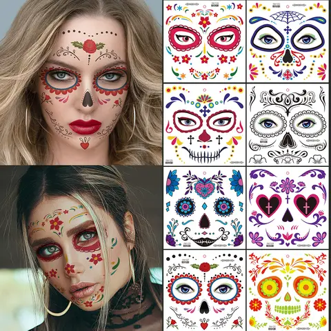 4 folhas de tatuagens temporárias do dia dos mortos-adesivos para rosto e corpo de La Catrina, decalques de maquiagem de caveira à prova d'água para festa de Halloween