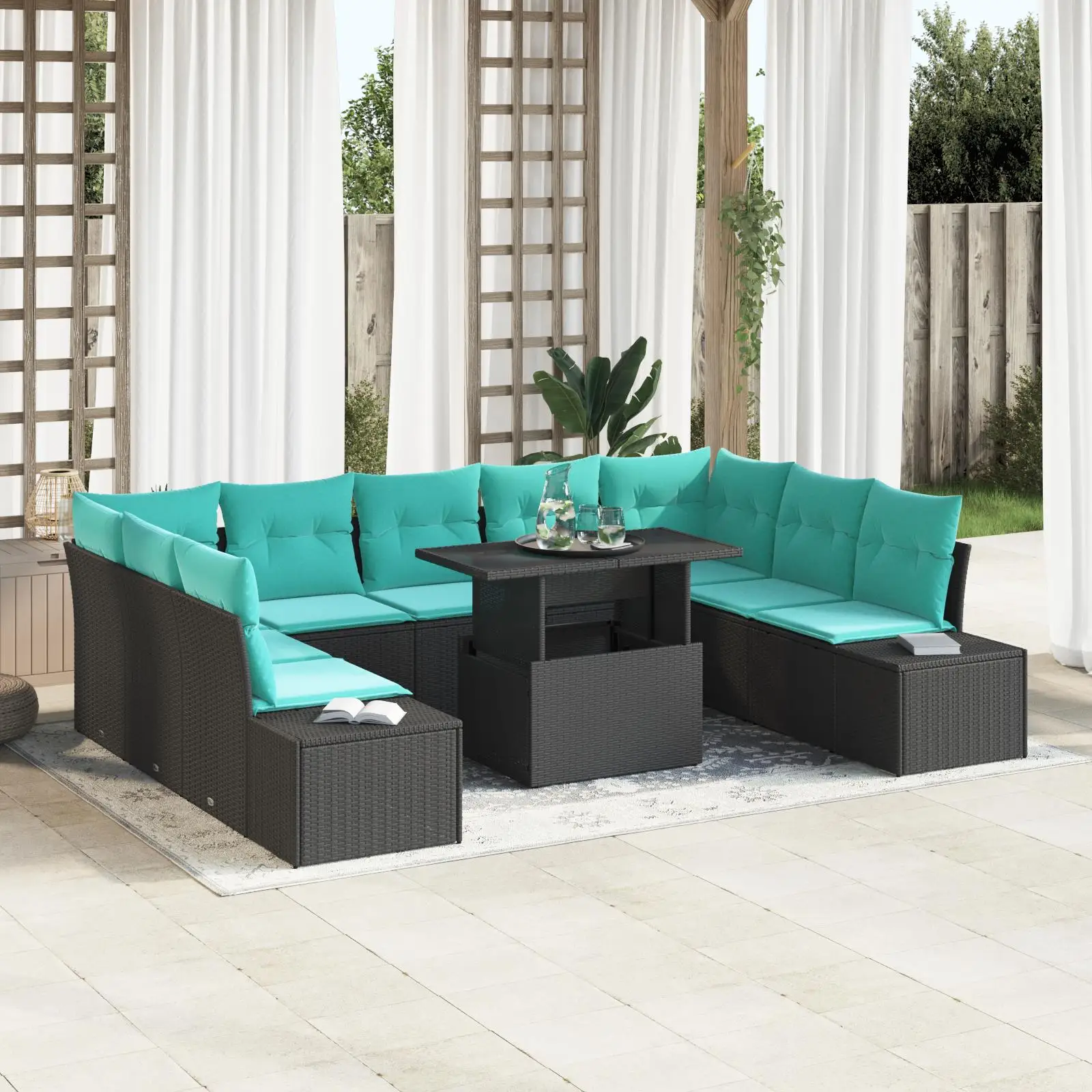 

Stylish 10 Piece Outdoor Sofa Set with Cushions Durable Black Poly Rattan Comfortable Garden Furniture