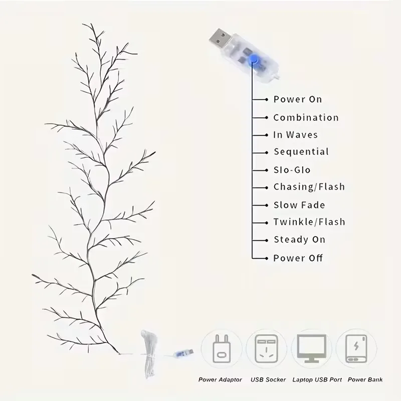 Luces mágicas de vid de sauce montadas en la pared, 8 modos, rama de luz decorativa para dormitorio, boda, Navidad.