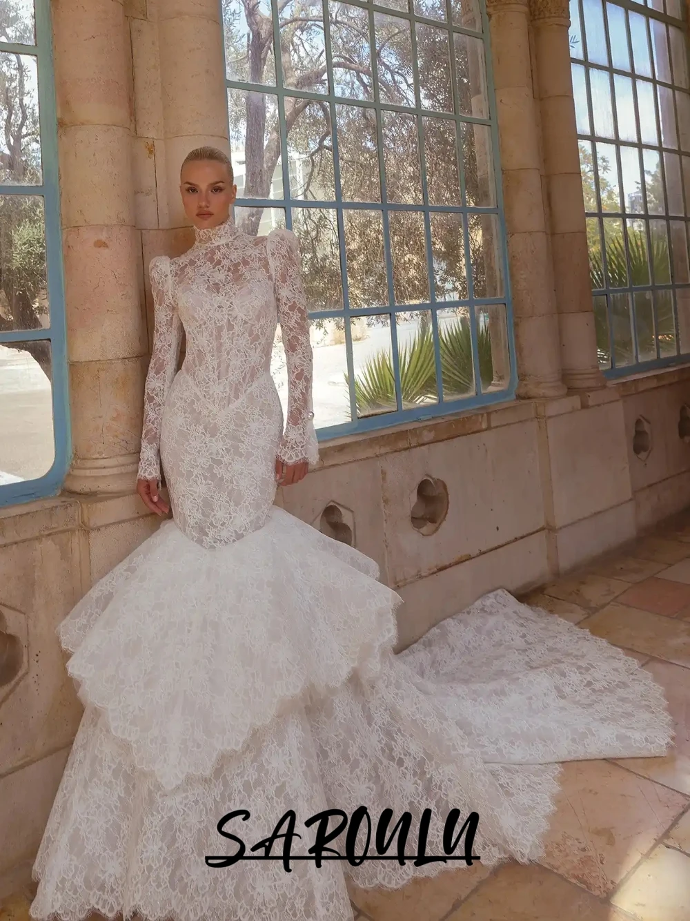 

Dramatic Mermaid Chic Wedding Dress Dreamy Fully Lace High Neck Bridal Gown Gorgeous Sparkly Customized Bride Wear Buttons Back
