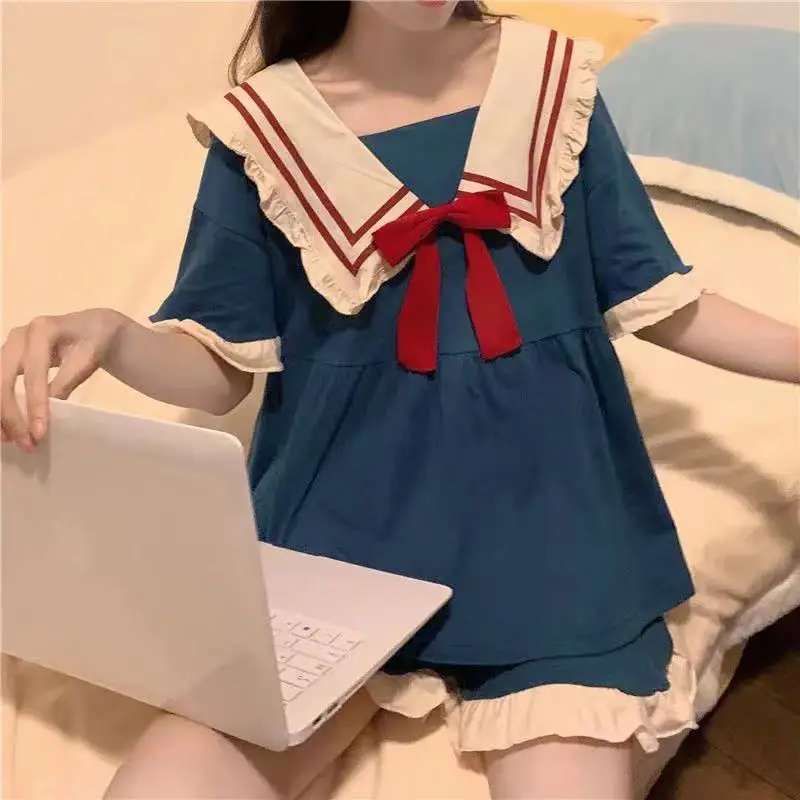 New Homewear Girl Set Student Outing Set Women's Casual Sleepwear Dress Solid Color Short Sleeve and Shorts Two-Piece Set