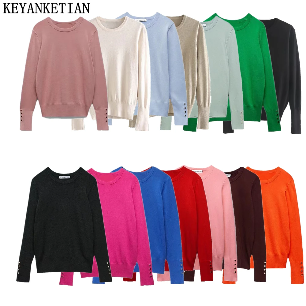 KEYANKETIAN Women\'s O-Necked Long Sleeves With Buttons Pullover Sweater Female Casual Solid High-Stretch Shirts Chic Ladies Top