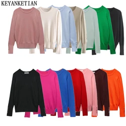 KEYANKETIAN-Jersey de manga larga con cuello redondo para mujer, jersey de cuello redondo con botones, camisas informales sólidas de alta elasticidad, Top elegante para mujer