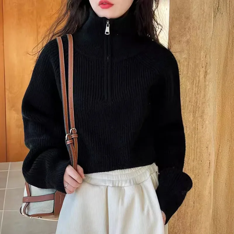 Turtleneck Pullovers for Women Zipper Long Sleeve Korean Style High Street Ulzzang Chic Girls Spring Autumn Loose Kintted Warm