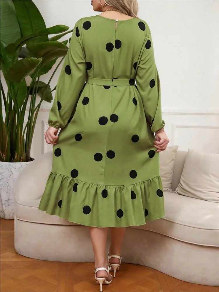 Plus Size Autumn Polka Dot Print Midi Dress Women Ruffle Pleated Loose Fashion Long Sleeve Ladies Dresses Slim Waist Woman Dress