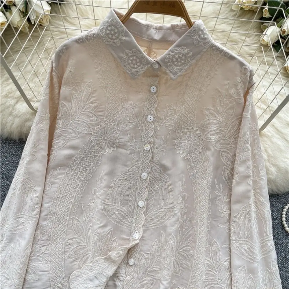 Bright Color Ethnic Style Blouse for Women Cardigans Sweet Embroidery Lace Top Irregular Hem Chic Floral Shirts Vacation