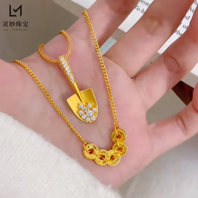 NovaGlod 9999 ancient method engraved point diamond gold shovel  necklace 24K real gold pendant small shovel clavicle chain temp