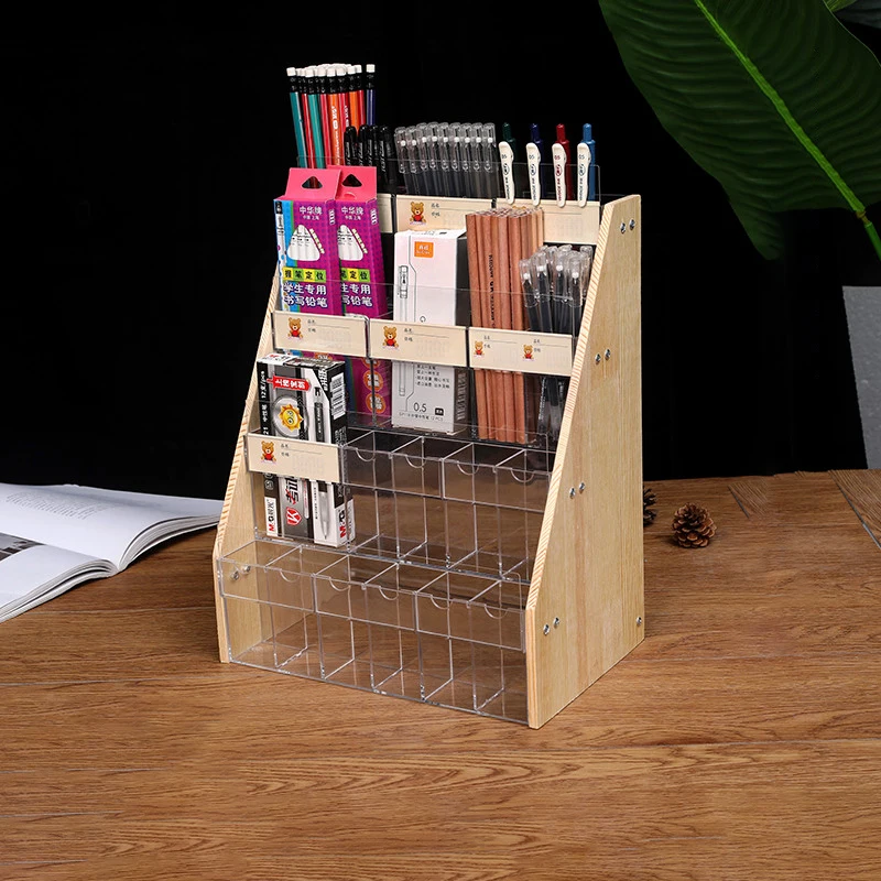 Clear Wood Pen Holder Stationery Store Storage Rack Brush Case Display Stand Desktop Marker Pencil Organizer Supermarket Shelves