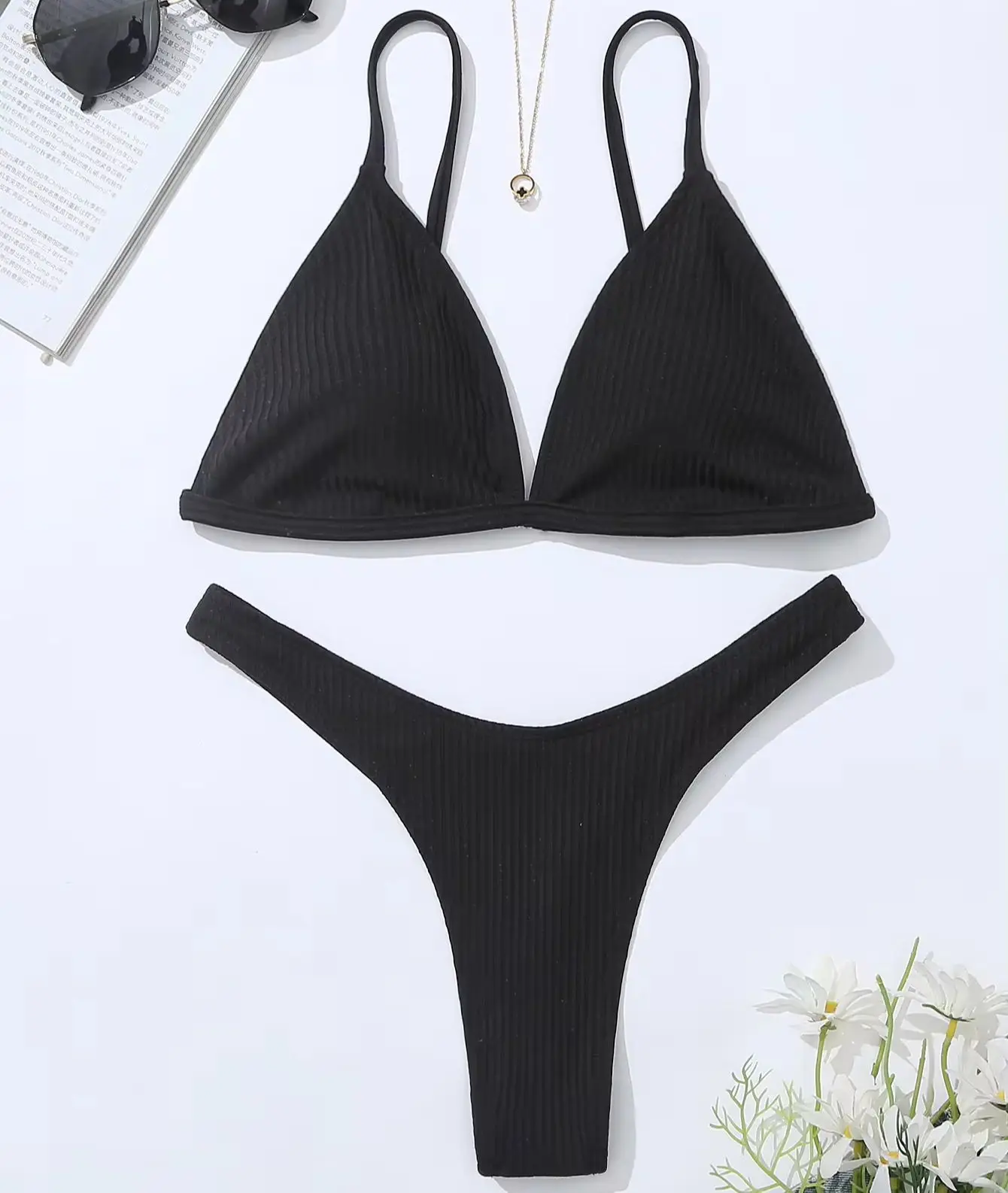 Women Sexy Bikini Suit  Slim Strip Triangle Pad Bra Low Waist Tong Bathing Suit 2 pieces  Female Swimming Suit