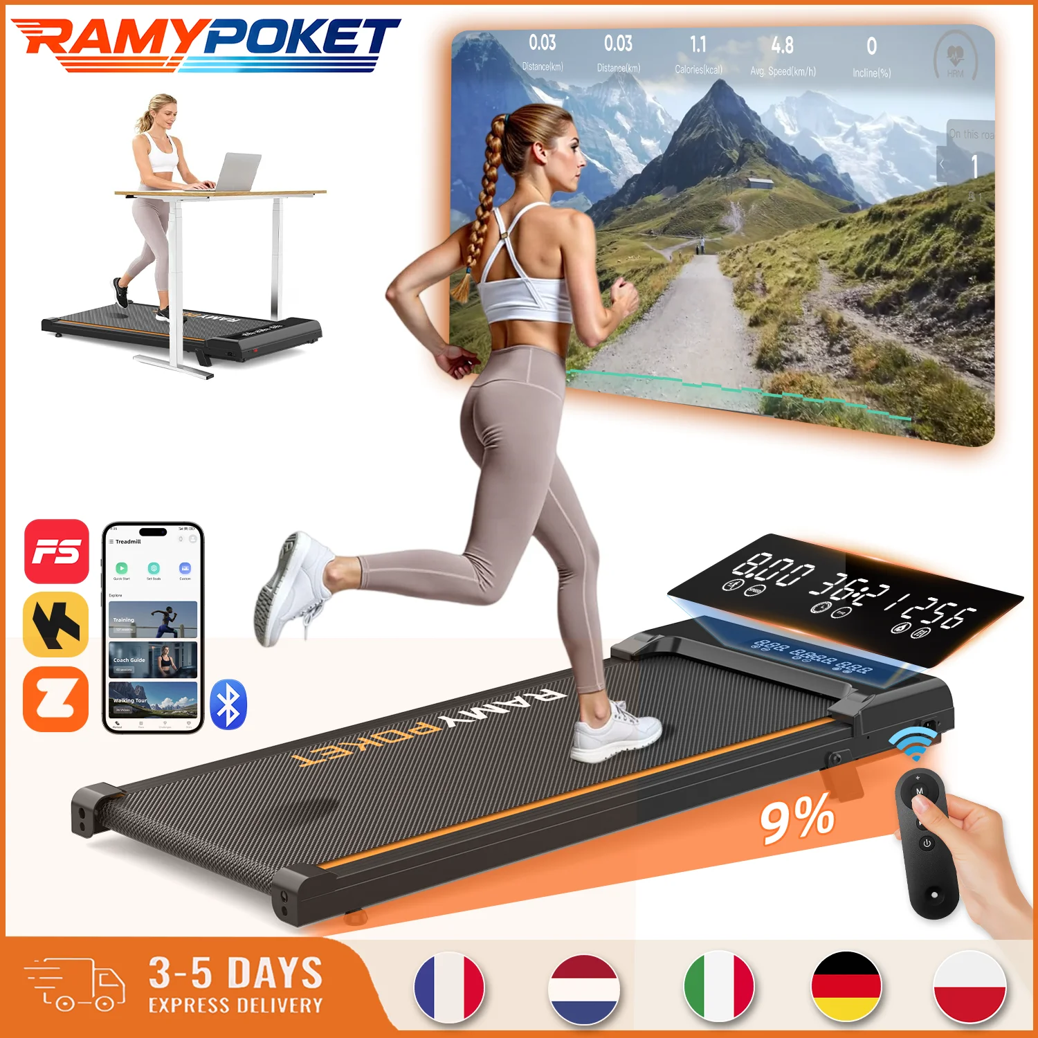 RAMYPOKET tapis de marche inclinable 9%, Controle APP Ecran LED à 3 Fenetres 1-8 km/h pour tapis de course bureau & maison,2.5HP,120kg silencieux walking pad
