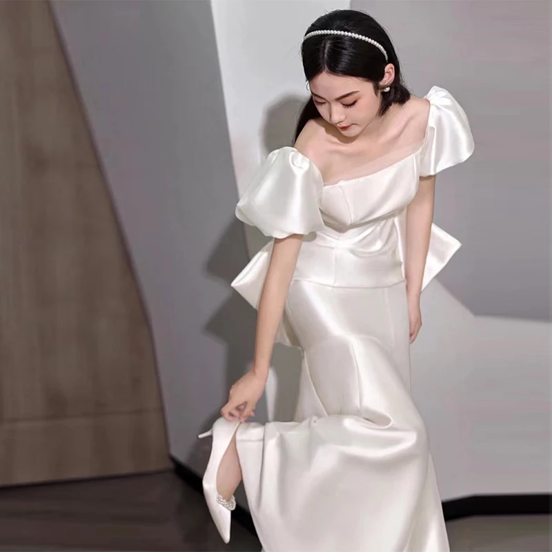 

Bridal Gown Satin Fabric Princ Sle Bubble Sve Wedding Dr 2026 New Outing Curtain Guest eeting Dr