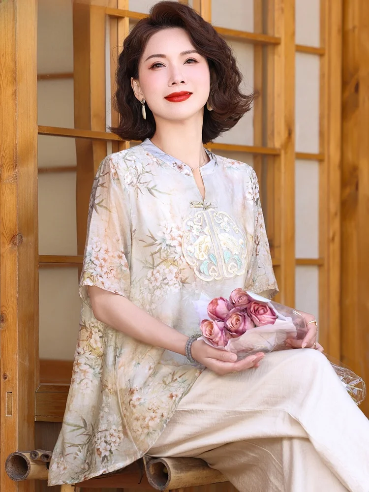 

New Chinese Sle Summer Outfit ort Sve Cotton Linen irt Top for Middle-Aged Women Faionable Loose Fit Two-Piece Set