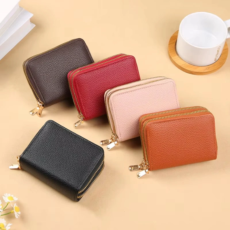 Fashion Women Leather Bag Multi-function Zipper Card Bag Large Capacity Multi Card Slot Coin Double-layer Zipper Storage Bag