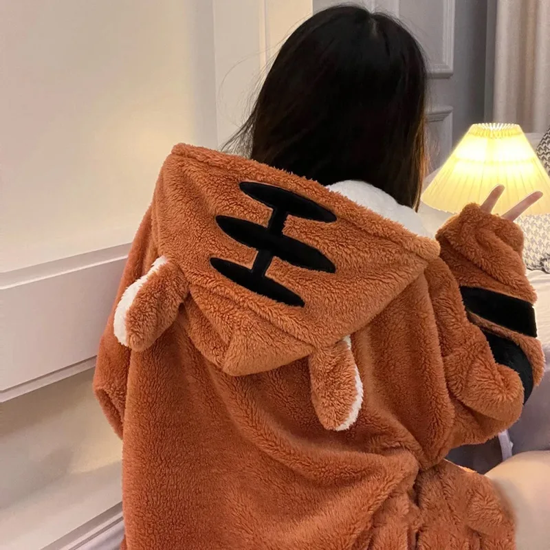 Women Robes Winter Warm Coral Fleece Tiger Warm Nightgown Animal Cosplay Hooded Sleepwear Cute Cartoon Pyjama Homewear Bathrobe