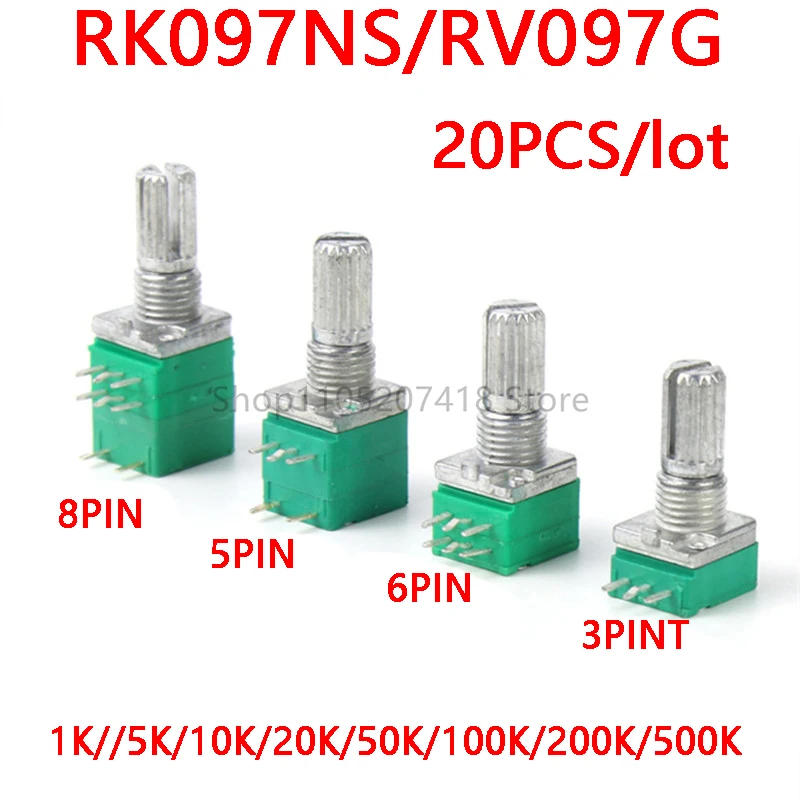 20pcs RV097 RK097 5K 10K 20K 50K 100K 500K 3pin 5pin 6pin 8pin Shaft 15mm Audio Amplifier Sealed Potentiometer RV097NS RK097NS