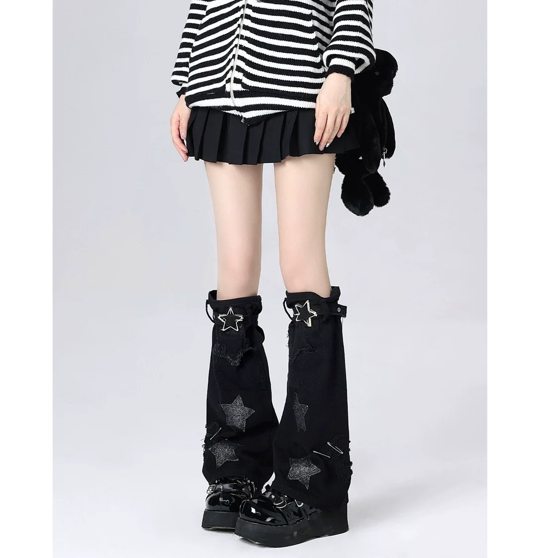Penutup Kaki Gaya Y2K Subkultur Kotak-kotak Hitam dan Merah, Desain Ritsleting, Gaya JK Denim Rock Punk, untuk Wanita Trendi dan Keren