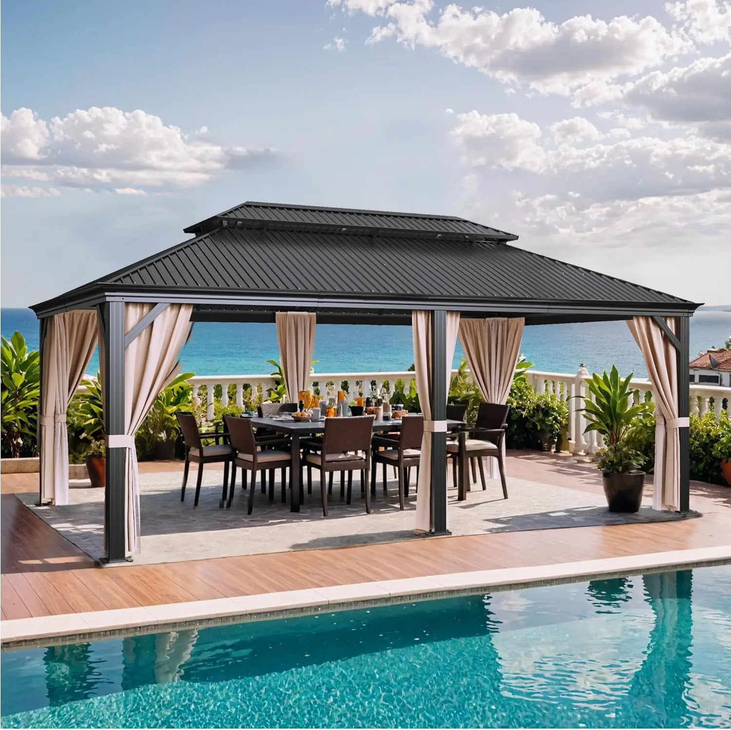 

Outdoor Hardtop Gazebo Galvanized Steel Metal Gazebo Aluminum Frame Double Roof Outdoor Gazebo with Nettings and Curtains