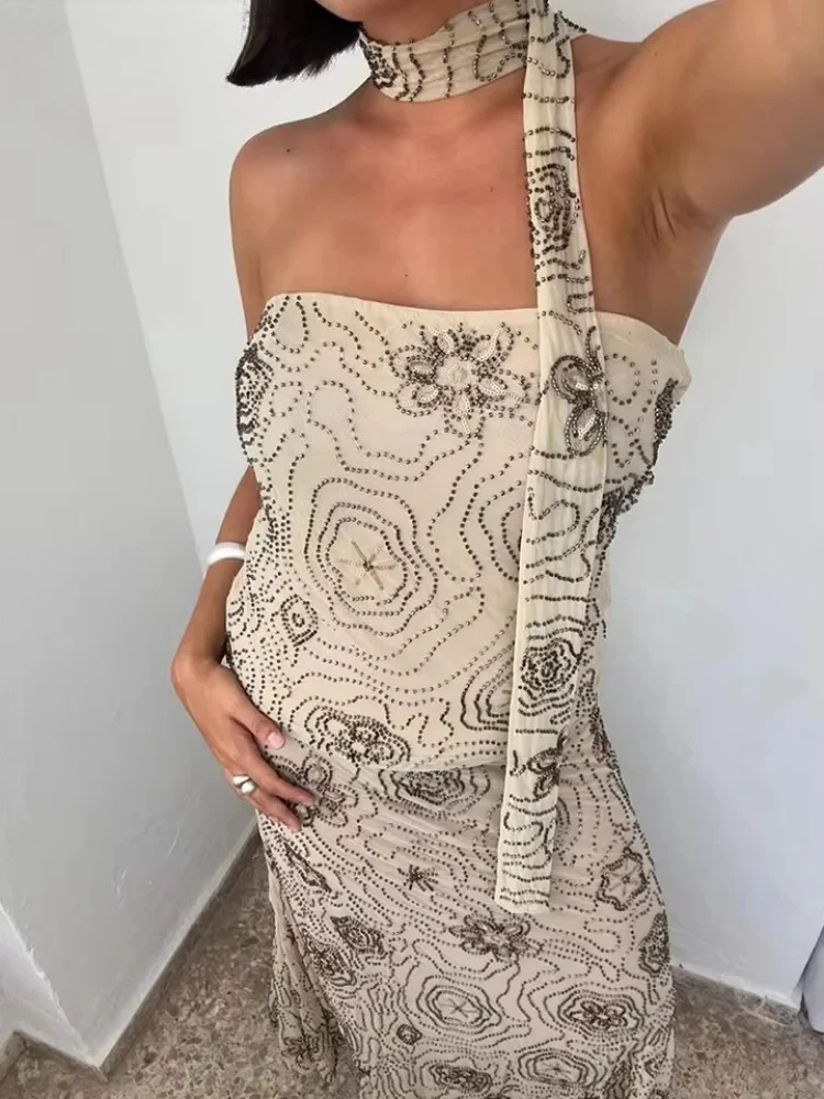 

Sexy Beading Skirts Sets Women Halter Sleeveless Backless Tanks Slim Mermaid Long Skirt 2025 Summer New Vacation Beach Lady Set