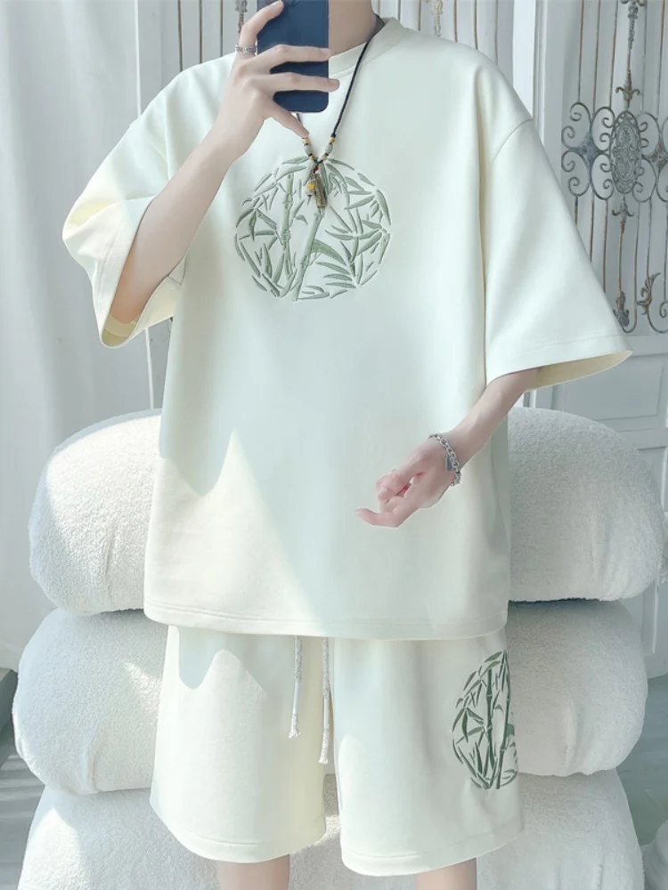 

Мужской комплект: футболка с коротким рукавом и шорты, новинка 2024 года, летний, в китайском стиле, с бамбуковой вышивкой, повседневный, модный, дышащий