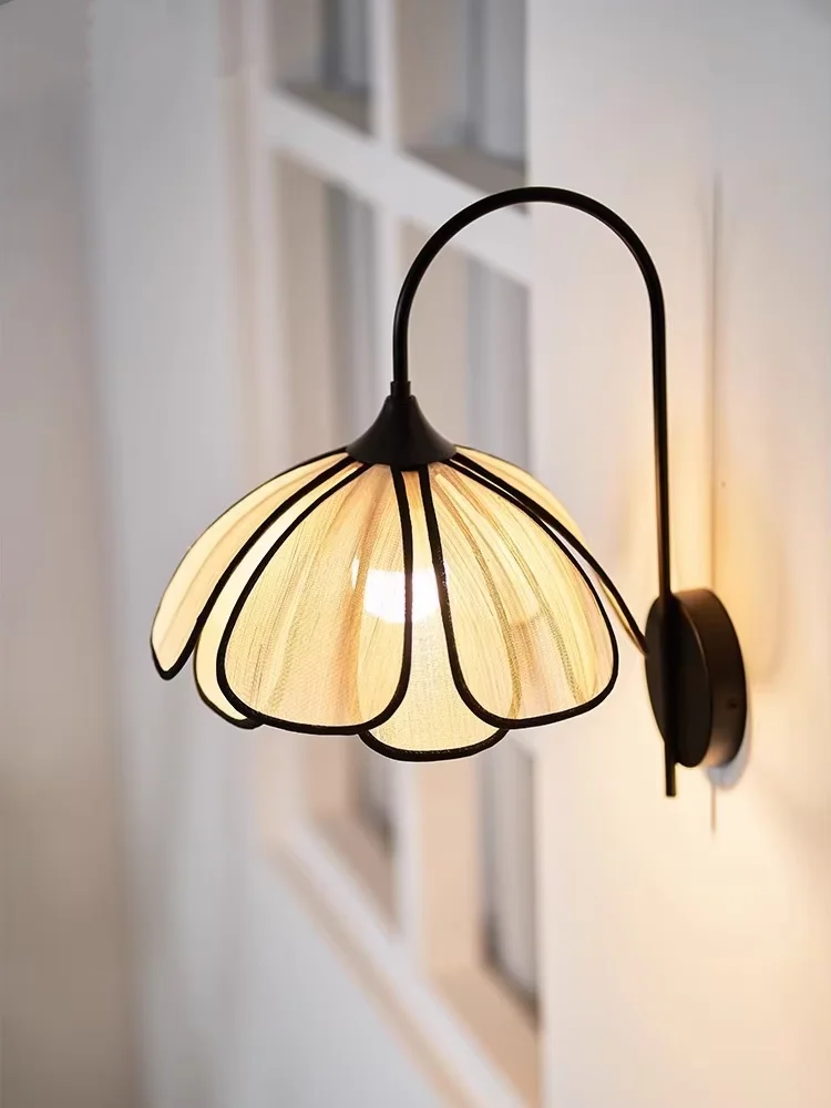 Japanese Rattan Weaving Petal Pendant Lights Wabi Sabi Fabric Flower Wall Lamp For Backgroud Bedroom Bedside LED Aisle Wall Lamp