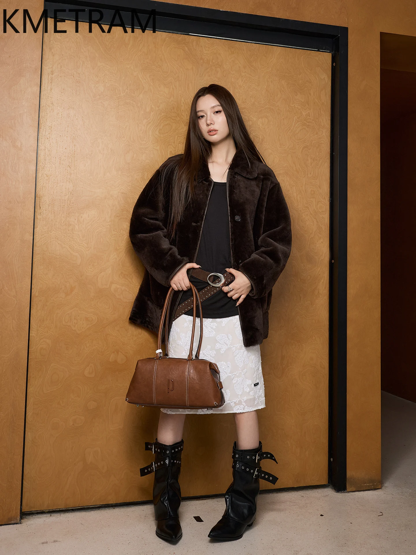 KMETRAM peau de mouton mérinos naturelle avec laine attaché manteau revers mi-long véritable veste de fourrure hiver femme vêtements шуба ж misce mena