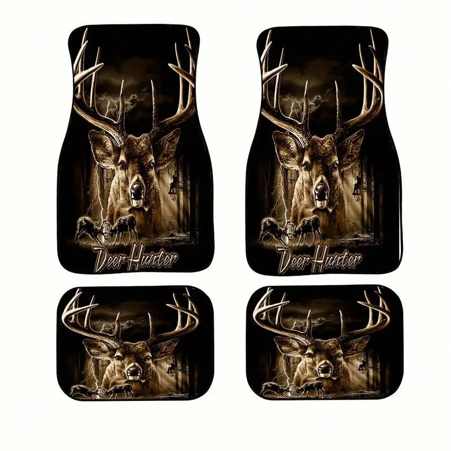 4-Piece Set Of Deer Antler Hunter Print Car Floor Mats, Suitable For Both Front And Rear Rows, Compatible With Various Car view 5