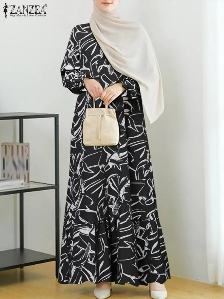 Women Elegant Muslim Dress ZANZEA Autumn Maxi Dresses Fashion Abaya Robe Femme Casual Long Sleeve Floral Print Vestidos Kaftan