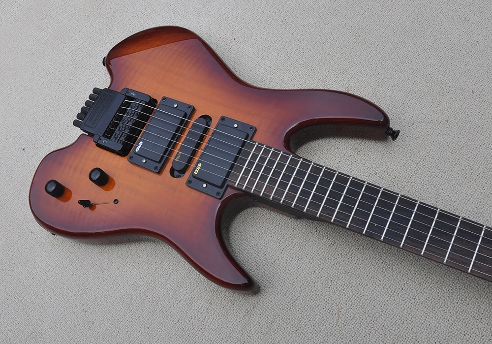 Brown Headless Electric Guitar with Flame Maple Veneer,Rosewood Fretboard,Customized Logo/Color Available