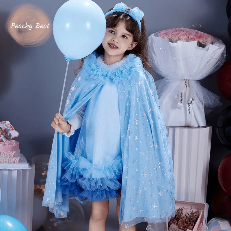 Baby Girl Princess Sparkle Snow Tulle Cloak With Hat Toddler Child Teens Long Cape Costume Party Warm Winter Baby Clothes 2-10Y