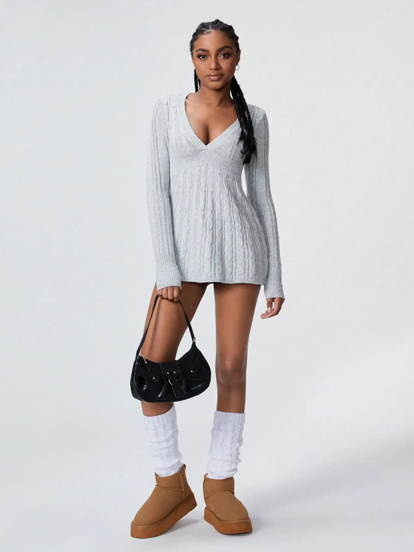

Women's Grey V-Neck Long Sleeve Cable Knit Sweater Dress, Cozy Autumn Winter Outfit